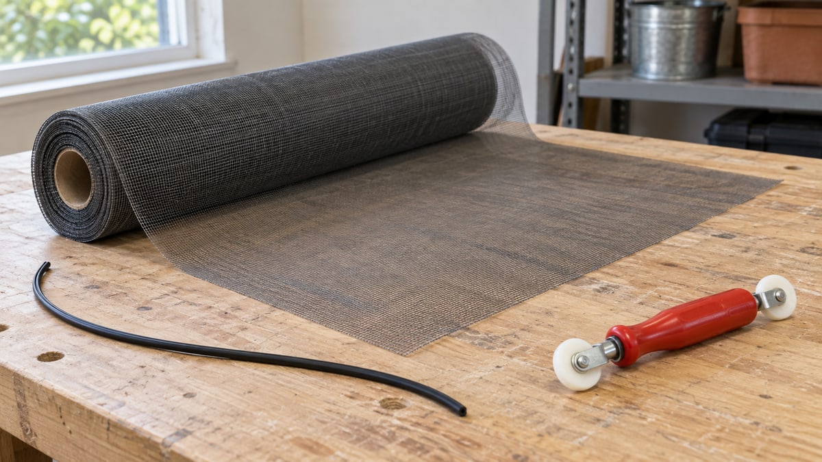 Insect mesh, loose spline and an unused roller on a workbench