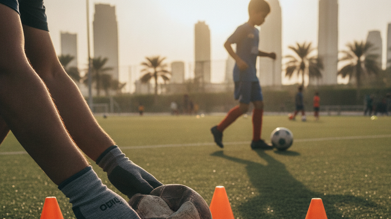 football coach setting up cones for a kids training session in Dubai