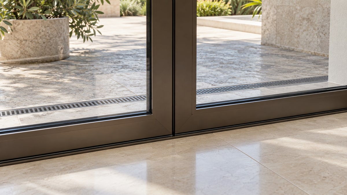 Close view of French-door meeting stiles, threshold and exterior drainage channel