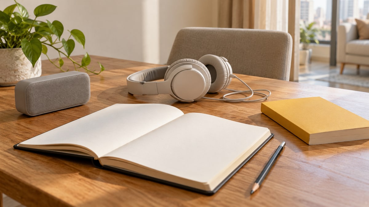 Headphones, notebook and unbranded books ready for a home language lesson