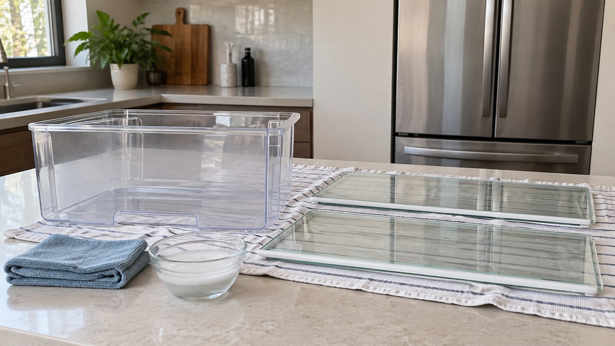 Removable refrigerator shelves and a crisper drawer on towels beside a cleaning cloth