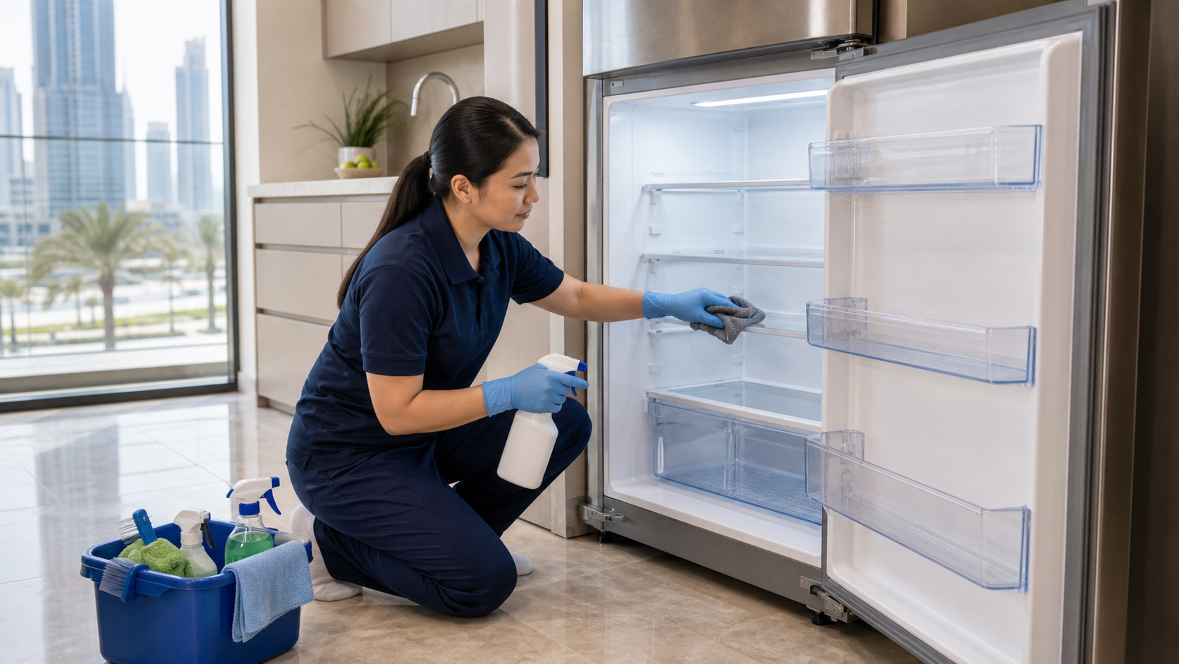 female cleaner cleaning the inside of a refrigerator in a Dubai kitchen