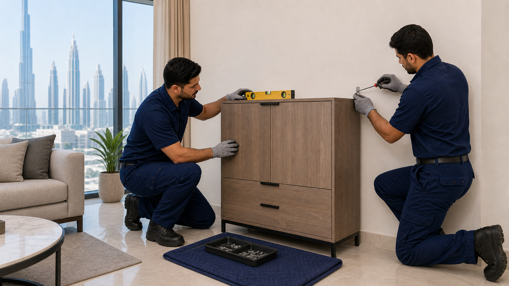 Technicians checking a cabinet level and anti-tip wall bracket after furniture assembly in Dubai