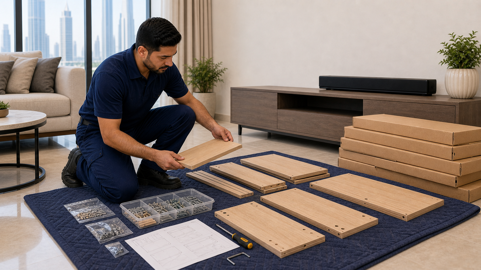 Technician checking flat pack furniture panels, screws and instructions before assembly in Dubai