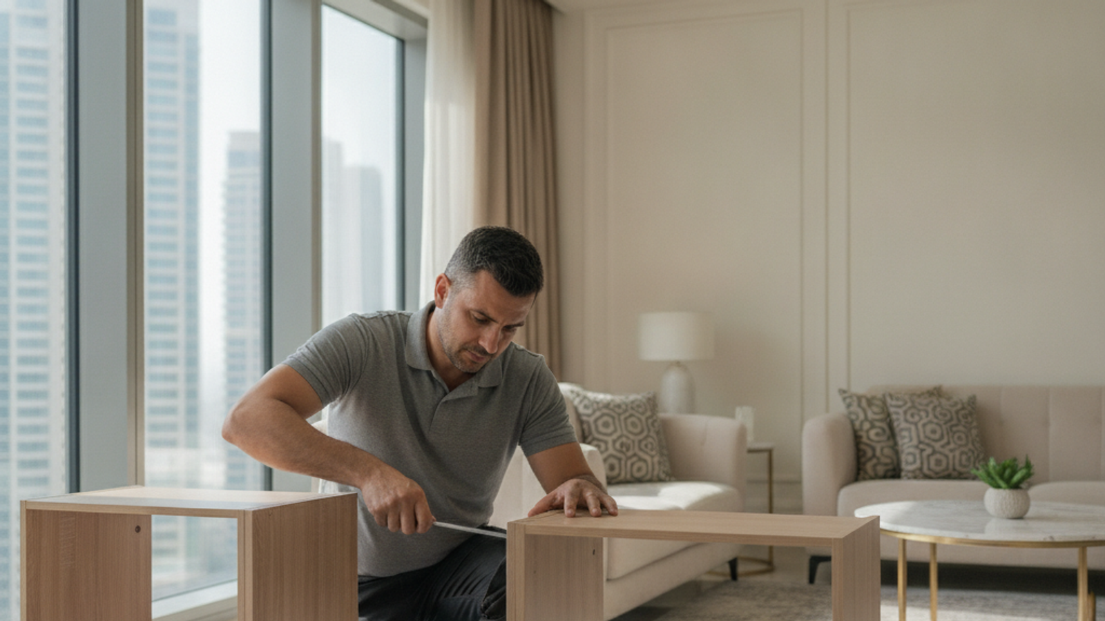 handyman assembling flat pack furniture in a Dubai apartment