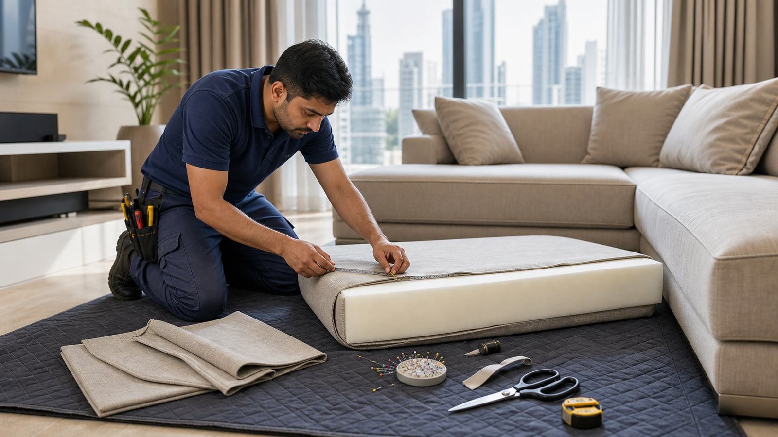 upholstery technician replacing sofa cushion foam in a Dubai living room