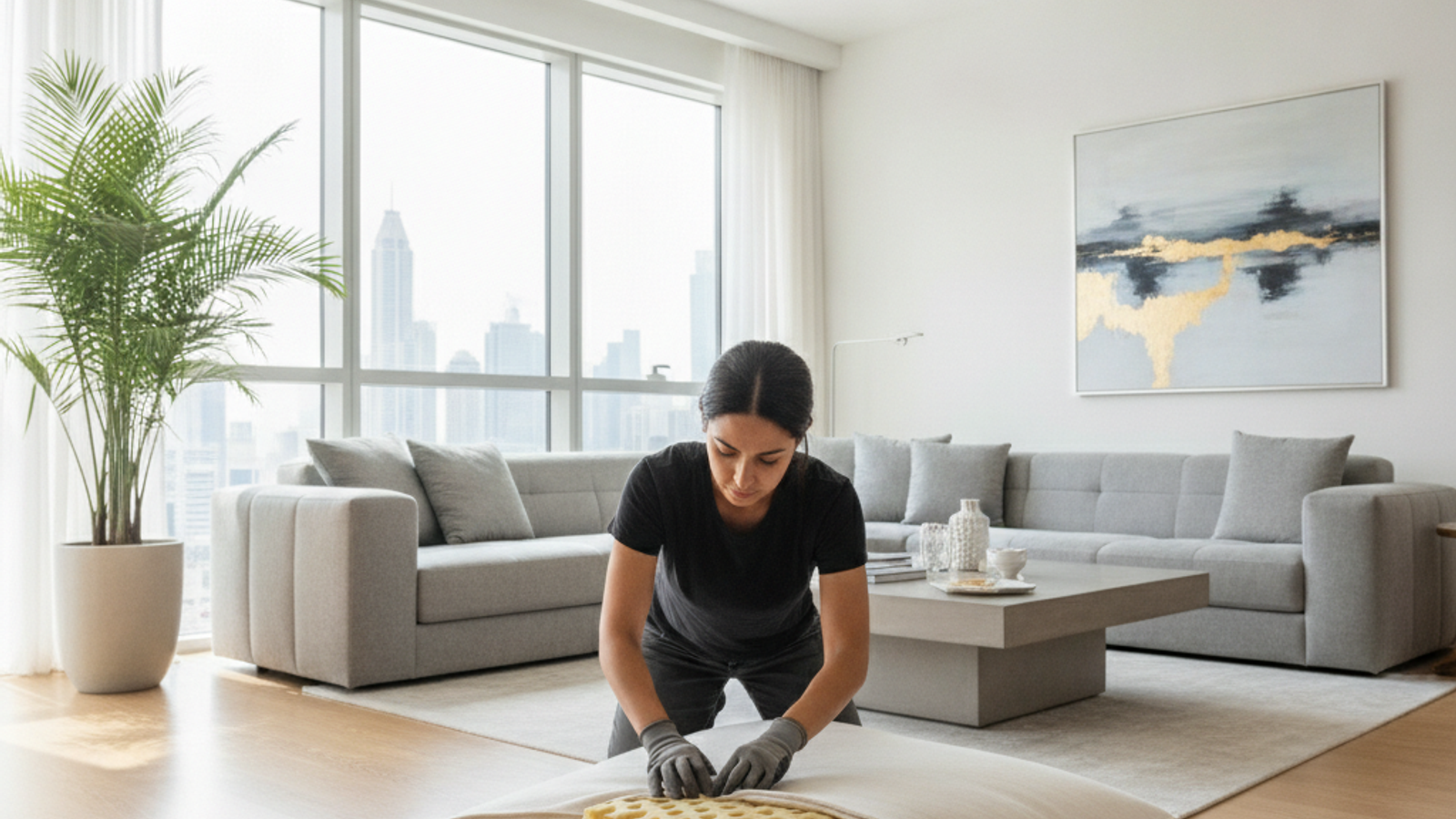 upholstery technician replacing sofa cushion foam in a Dubai living room