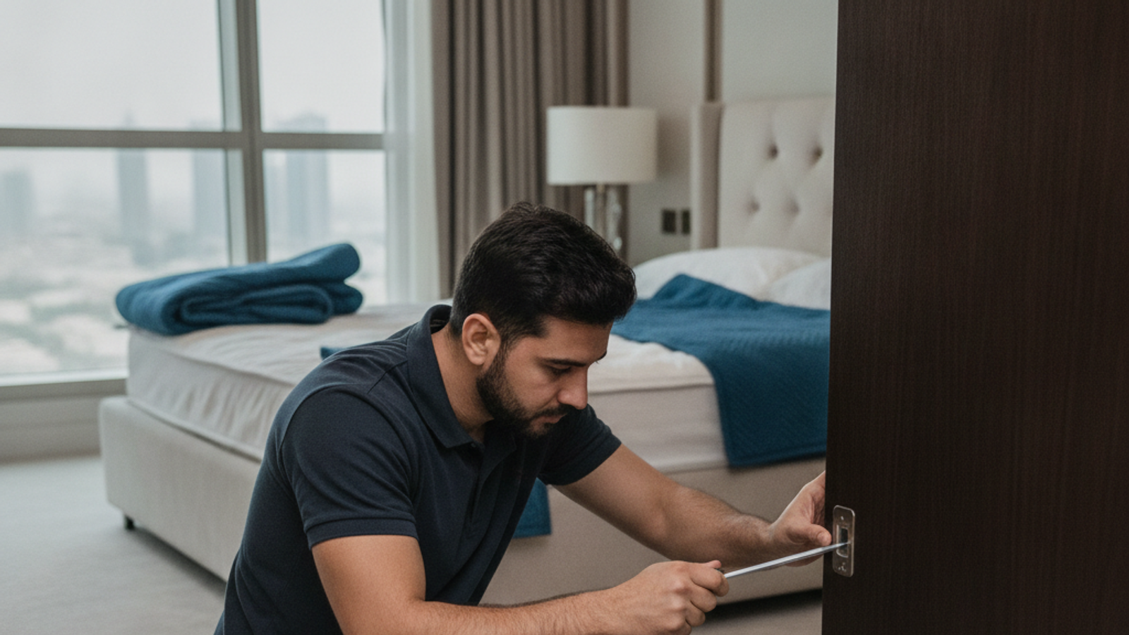 handyman dismantling a bed frame in a Dubai apartment