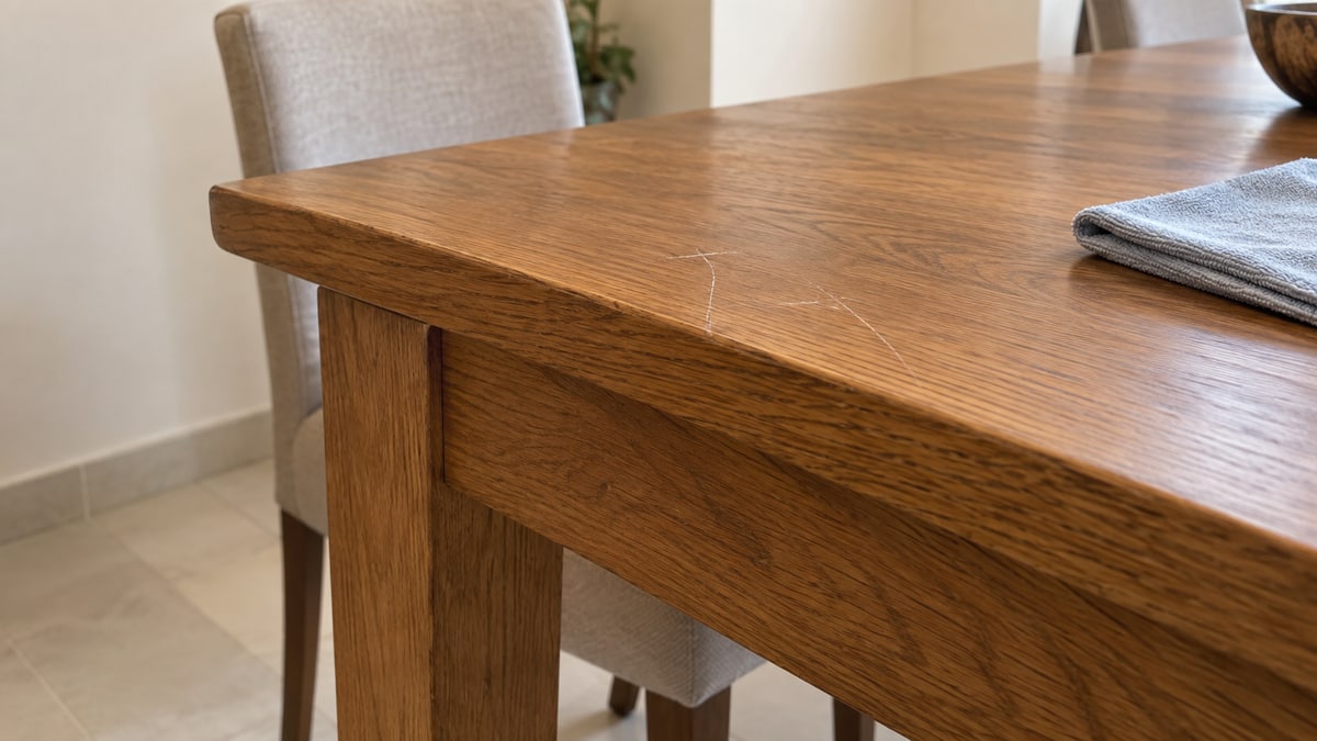 Shallow scratches on a wooden dining tabletop beside its leg and apron joint