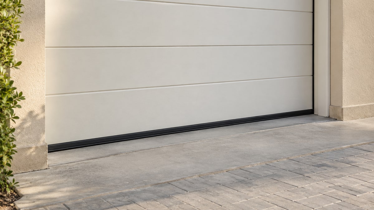 Close view of a closed sectional garage door and its bottom weather seal