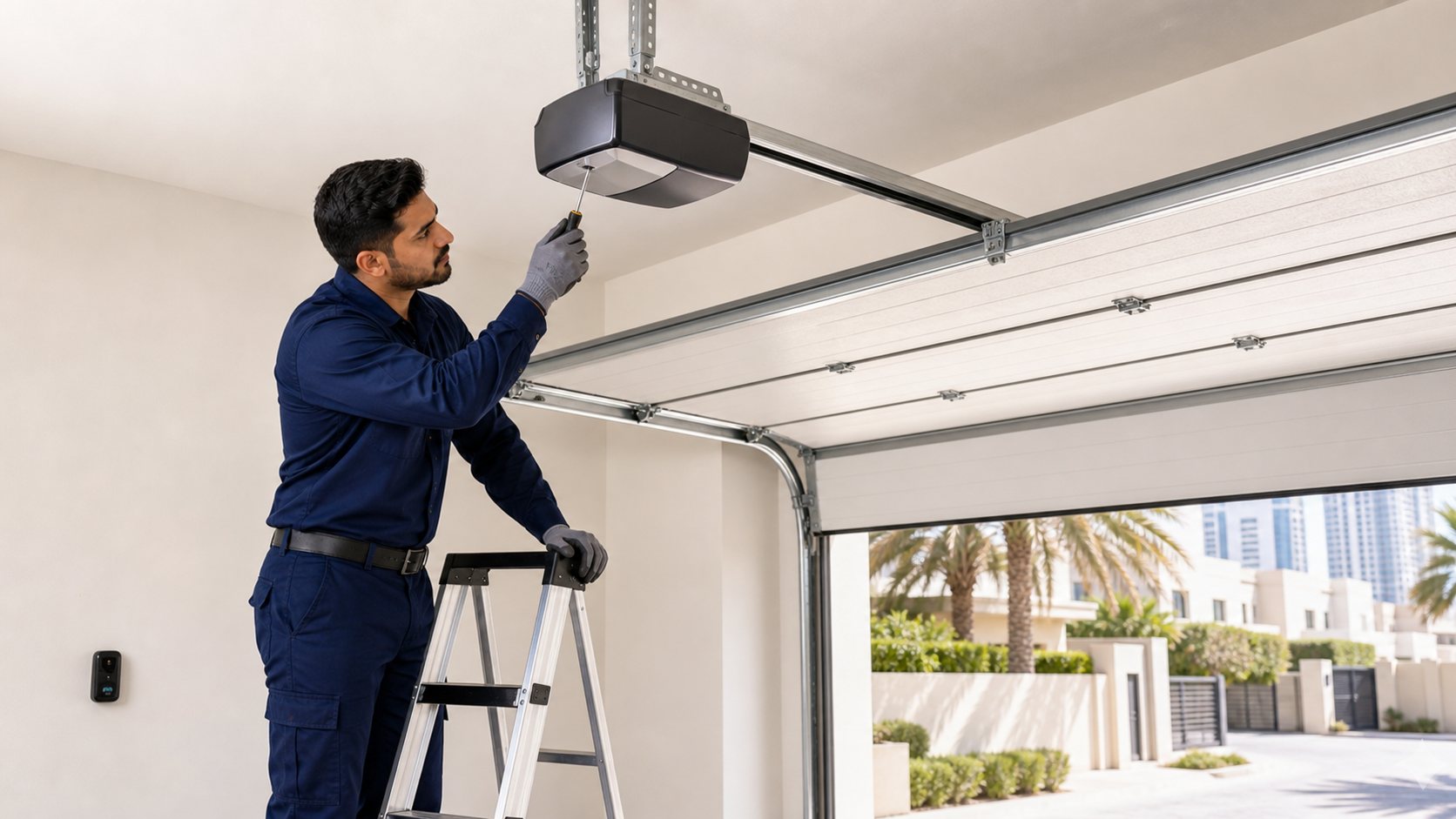 male technician checking a ceiling mounted garage door opener motor in Dubai
