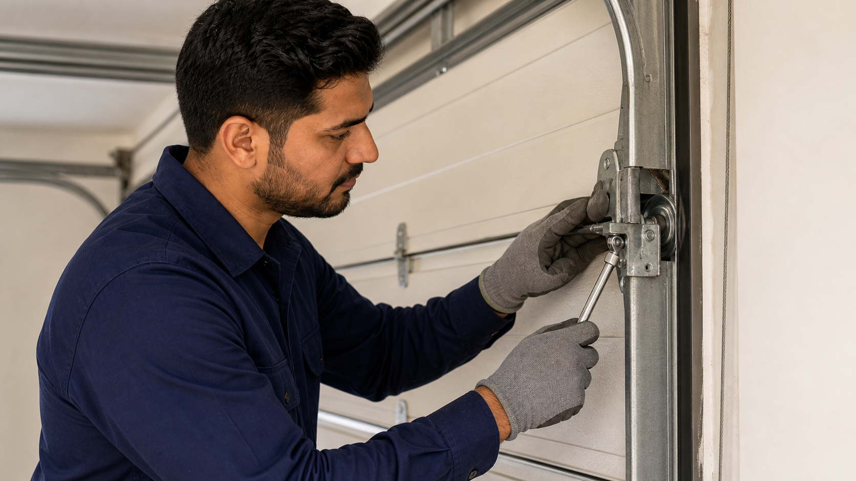 male technician checking a garage door roller bracket and side track in Dubai
