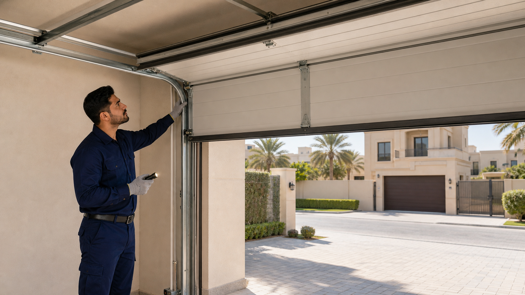 male technician inspecting an automatic sectional garage door at a Dubai villa