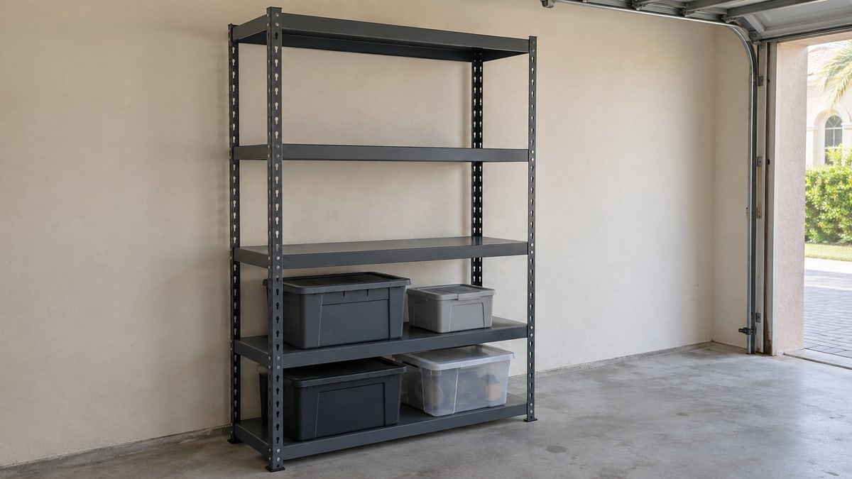 Freestanding steel rack with modest closed boxes on lower shelves