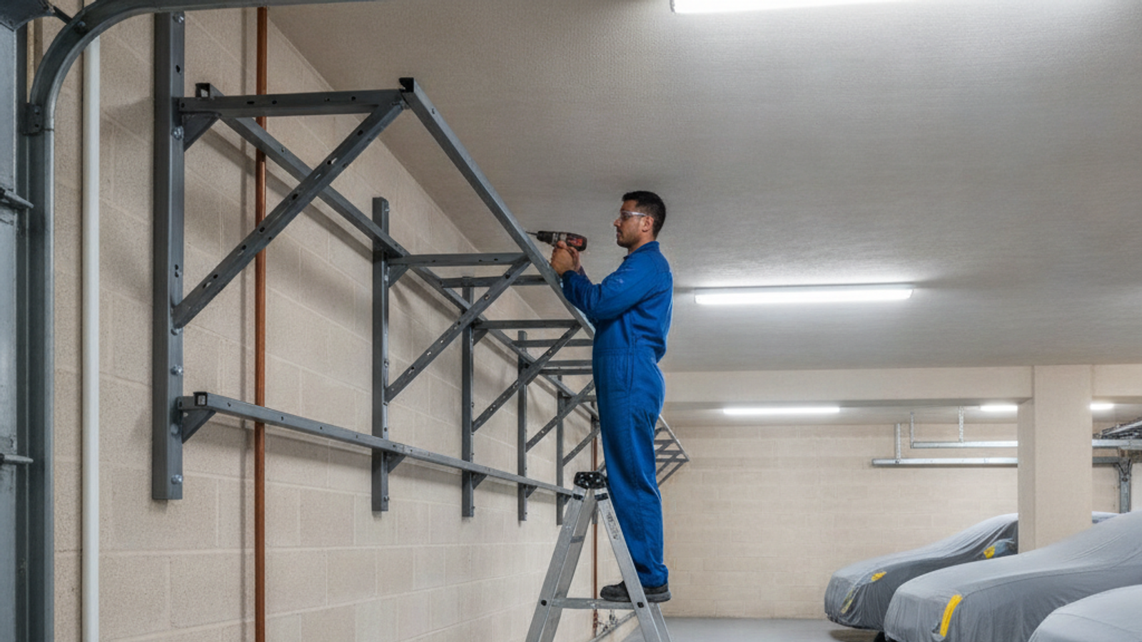 technician installing heavy duty garage storage racks in a Dubai villa garage