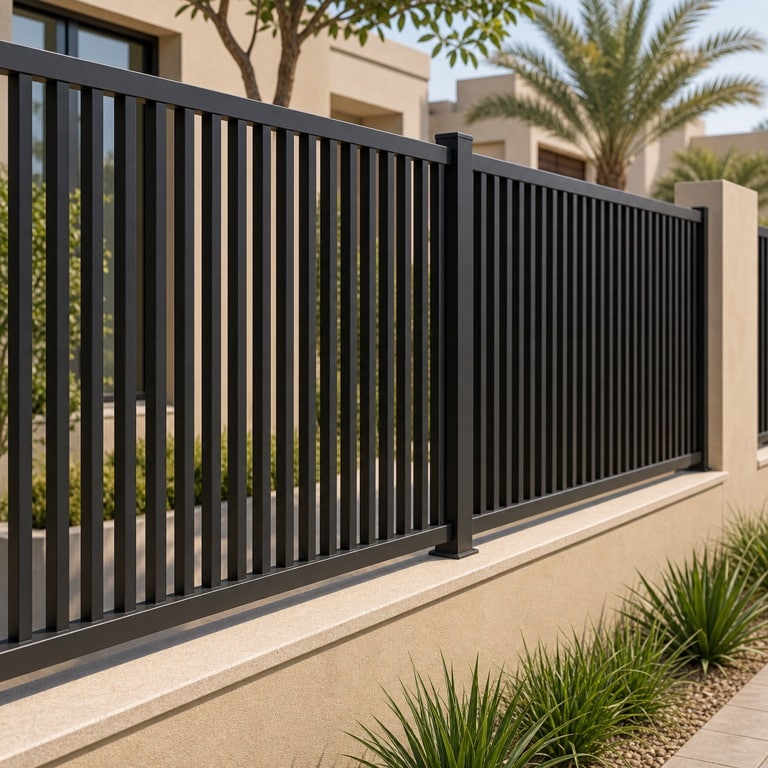 Black metal garden-fence panels mounted on a low masonry boundary wall
