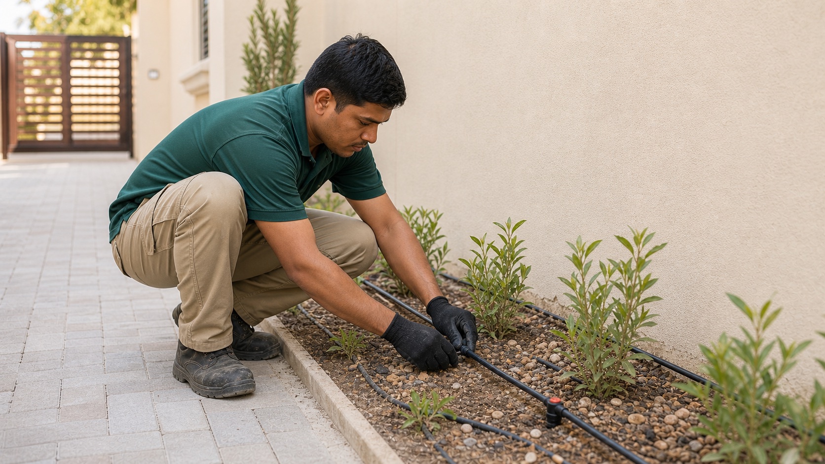 male landscaping worker installing drip irrigation in a Dubai townhouse garden