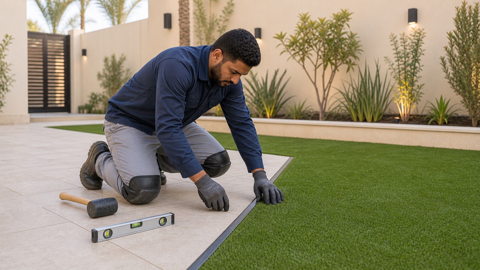 male landscape installer aligning patio pavers beside artificial grass in a Dubai villa