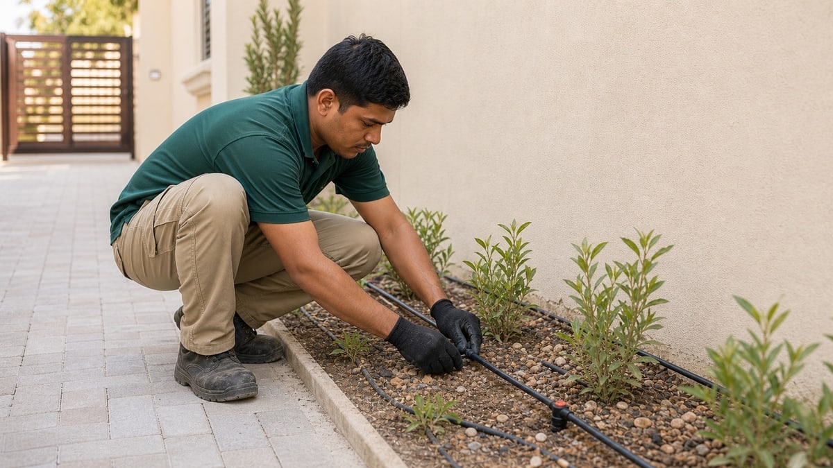 Technician inspecting drip-irrigation tubing in a planted garden border
