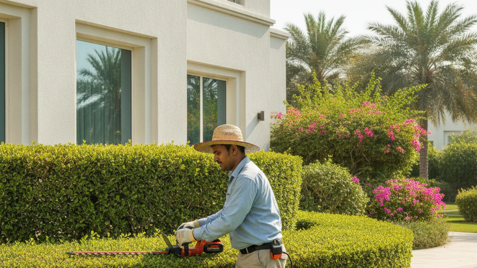 gardener trimming villa landscaping in Dubai