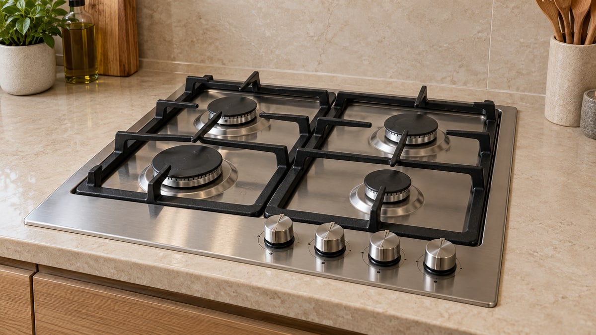 Unlit four-burner gas hob with intact burner caps and controls in a kitchen countertop