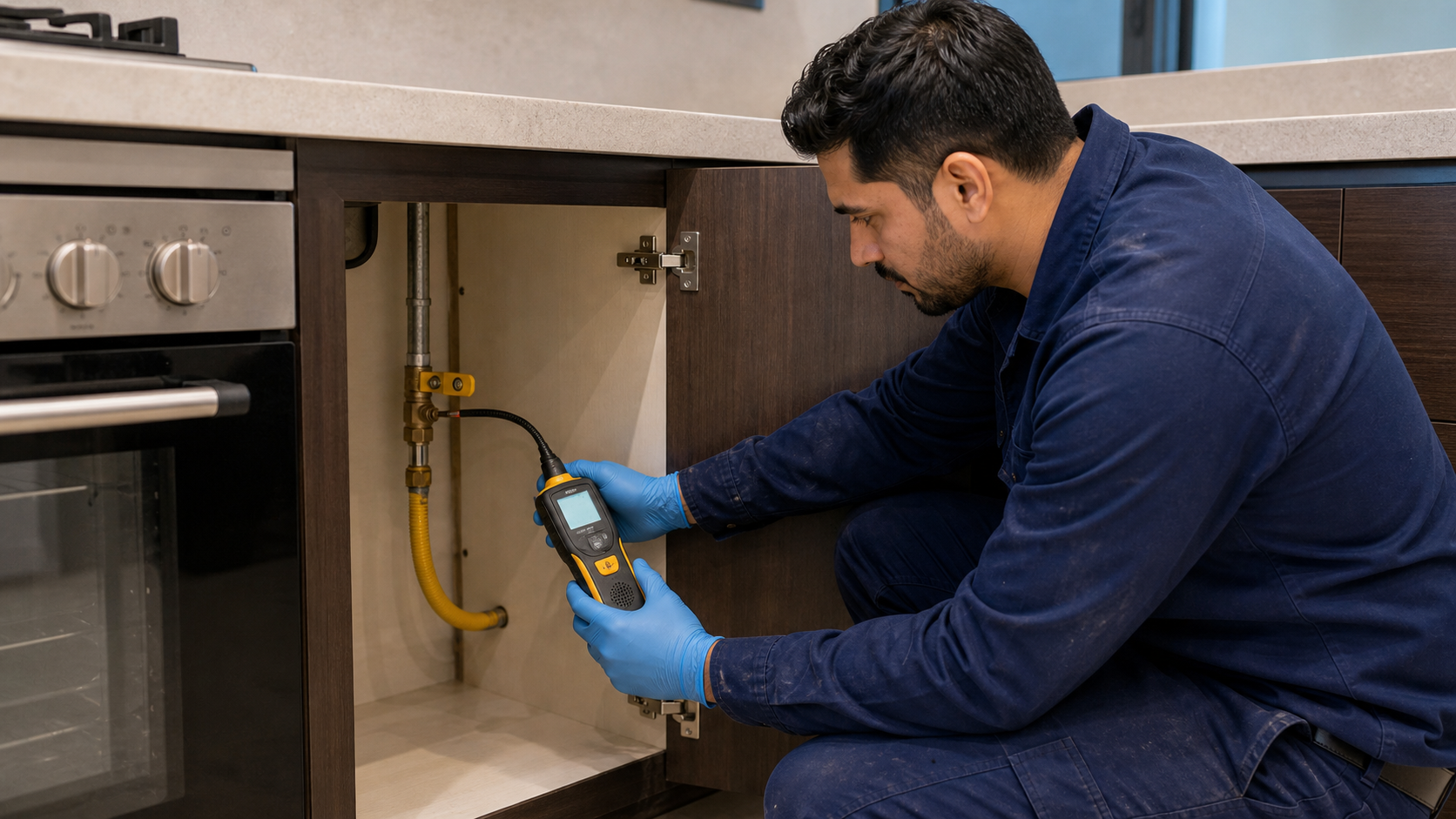 male technician testing a gas cooker connection with a handheld leak detector in Dubai