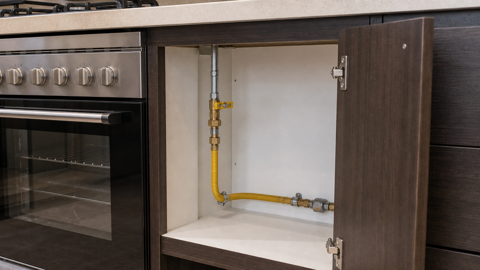 properly connected kitchen gas hose and shutoff valve inside a Dubai cabinet