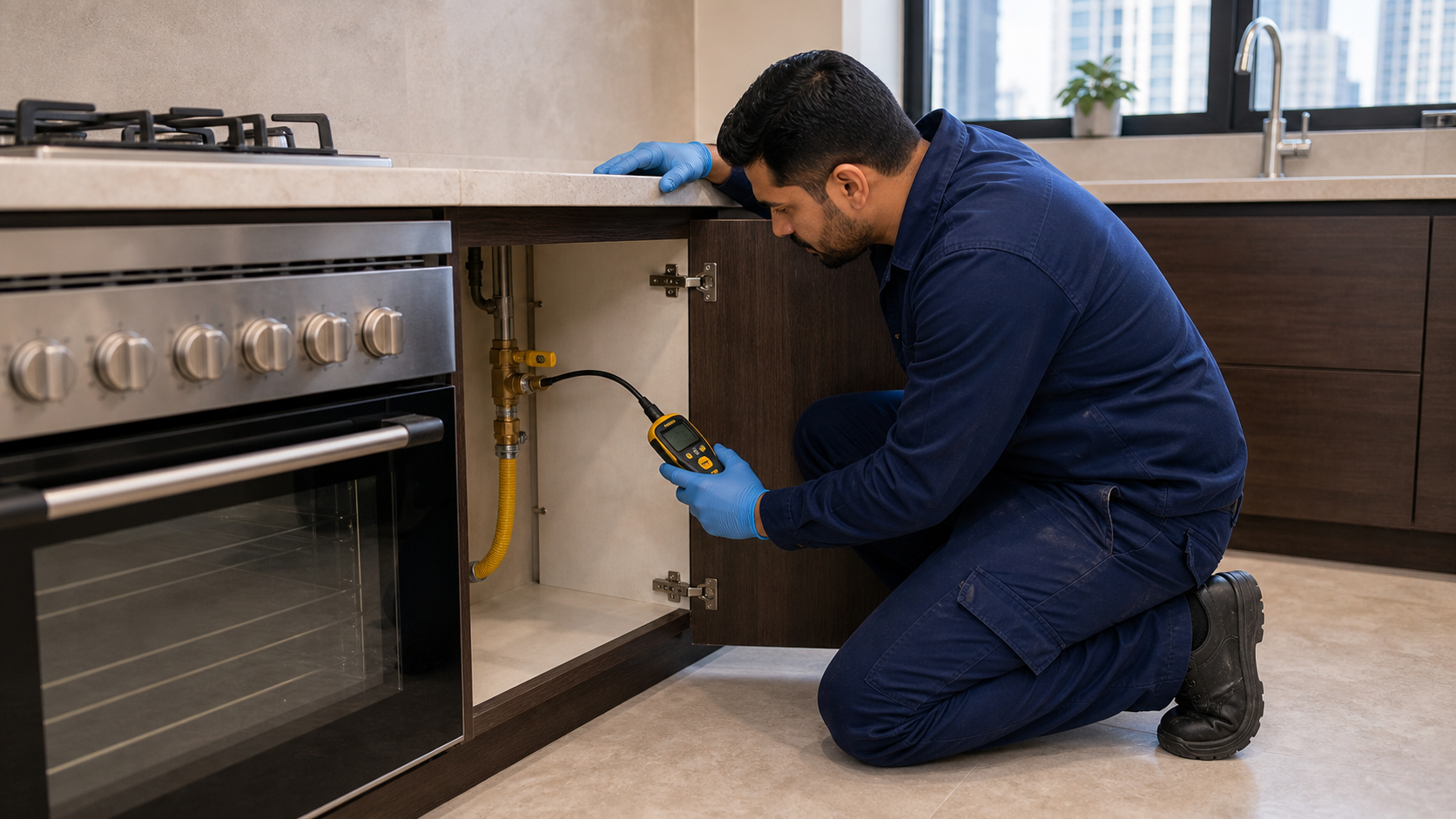 male gas technician checking a kitchen gas valve under a Dubai apartment counter