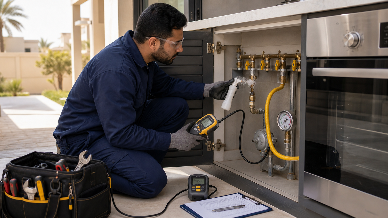gas technician inspecting a kitchen gas line connection in Dubai