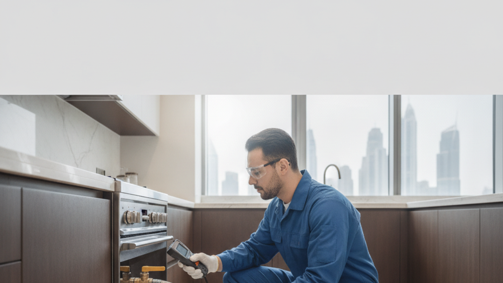 gas technician inspecting a kitchen gas line connection in Dubai