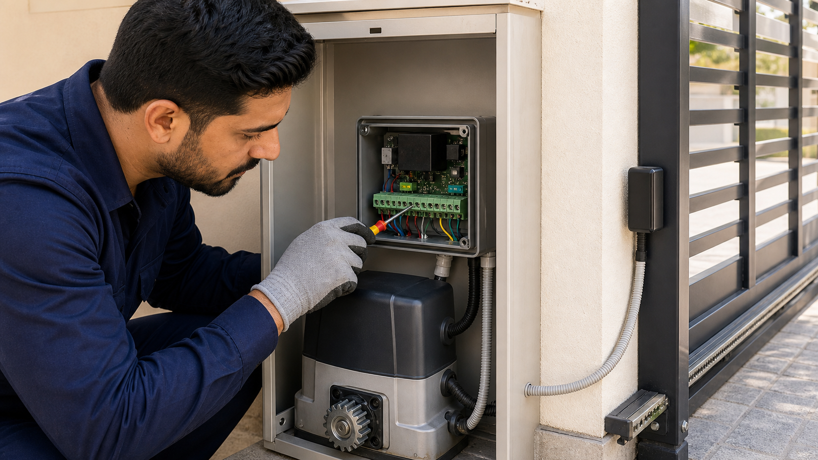 male technician checking a gate motor control box and safety sensor wiring in Dubai
