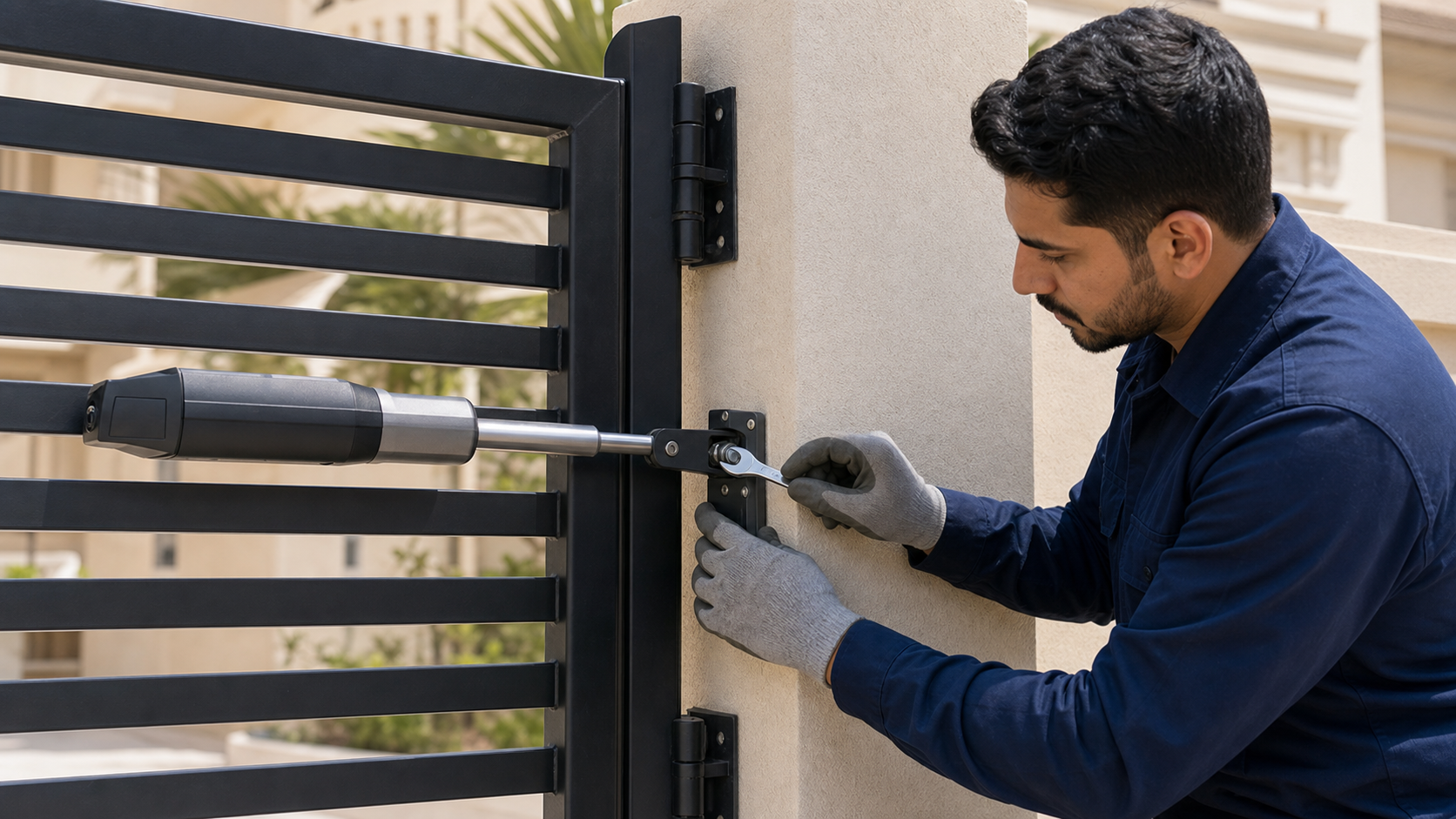 male technician checking a swing gate motor arm bracket at a Dubai villa