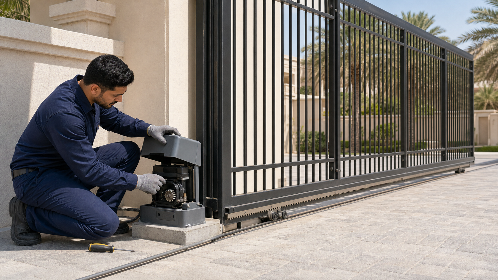 male technician inspecting a sliding gate motor beside a Dubai villa entrance