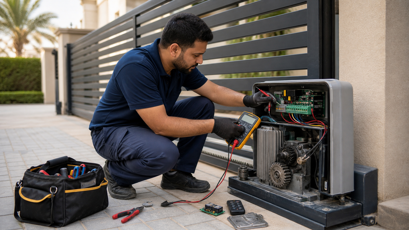 technician repairing an electric gate motor at a Dubai villa entrance