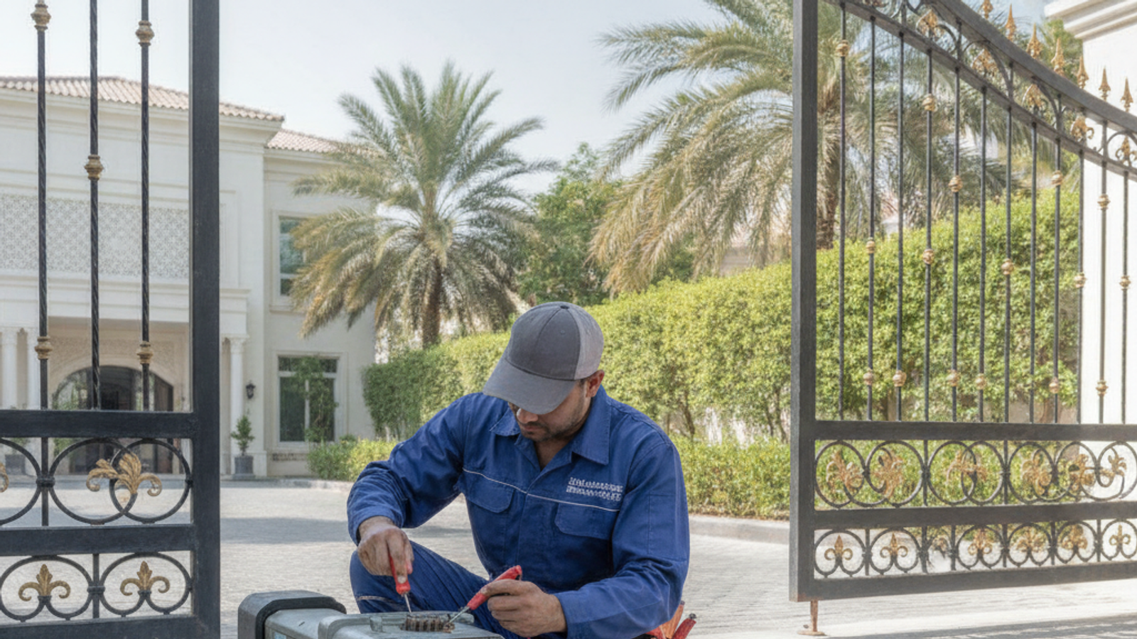 technician repairing an electric gate motor at a Dubai villa entrance
