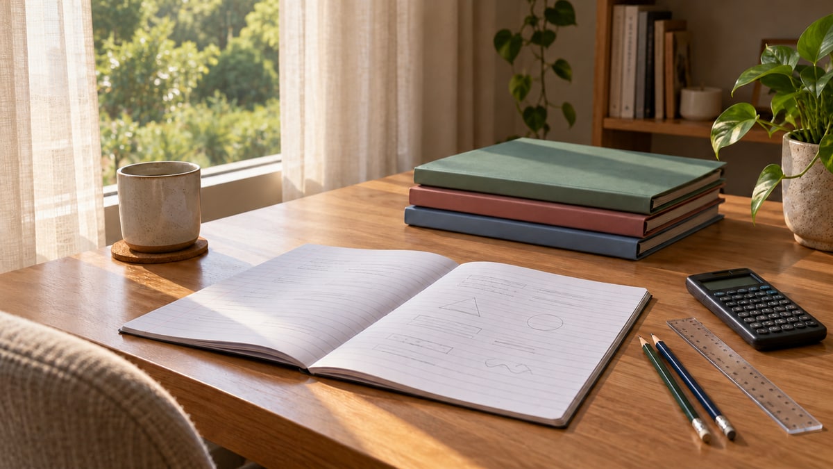 An exercise notebook, folders, ruler and calculator prepared on a bright home study table.