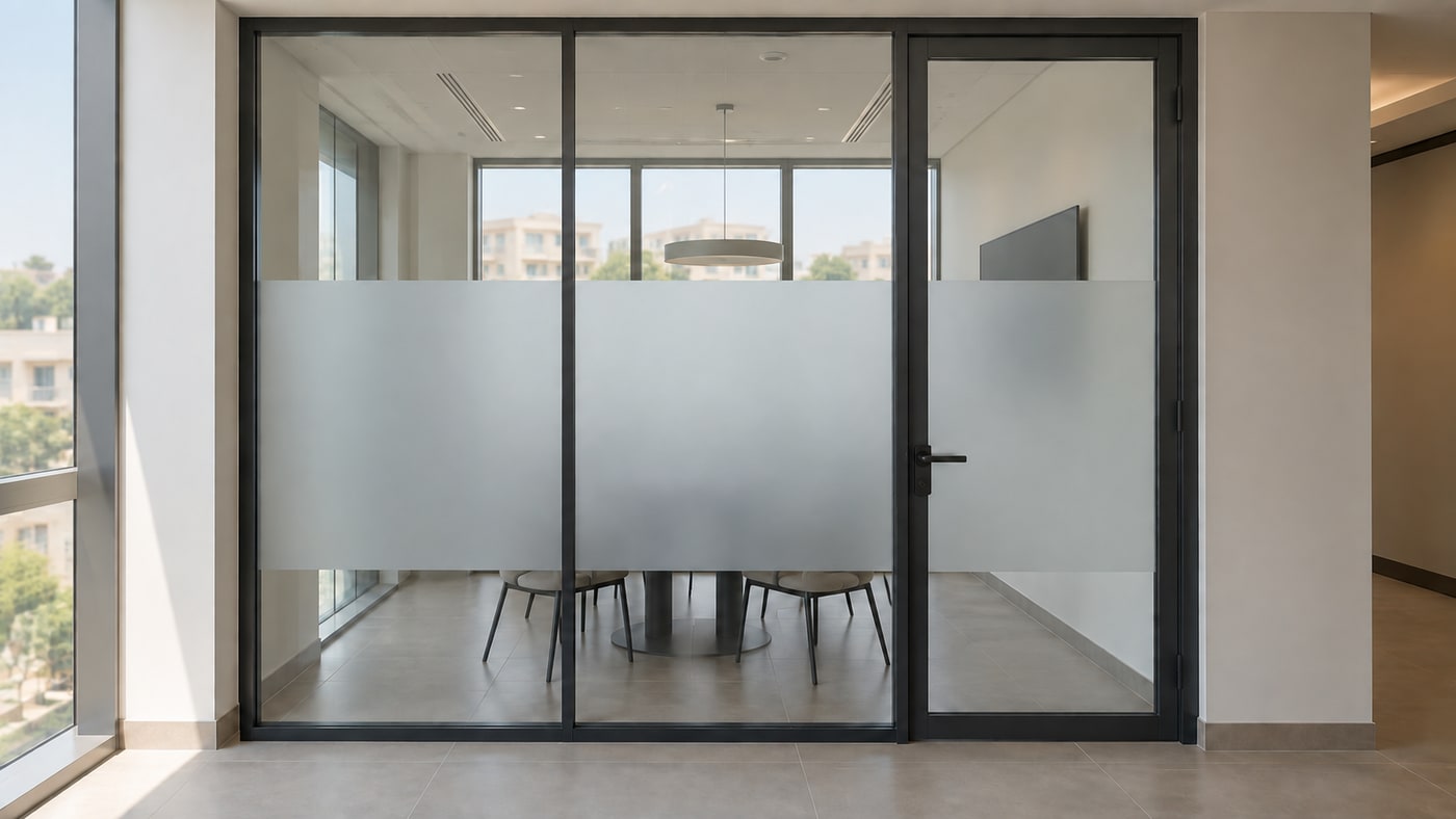 Frosted privacy band across interior glass partition panels