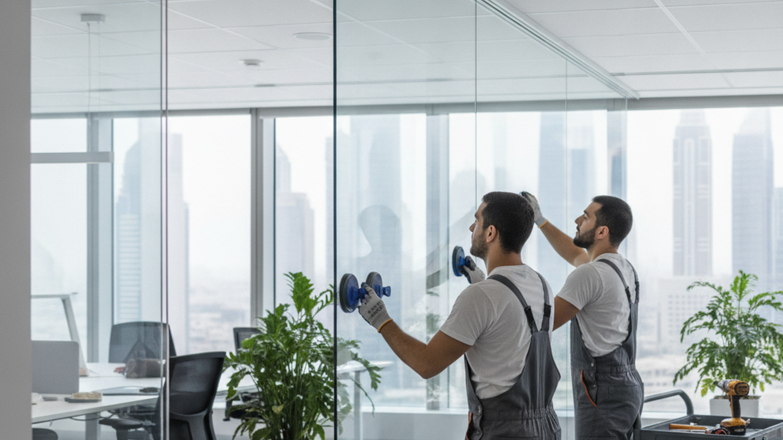 technician measuring a glass partition frame in a Dubai office