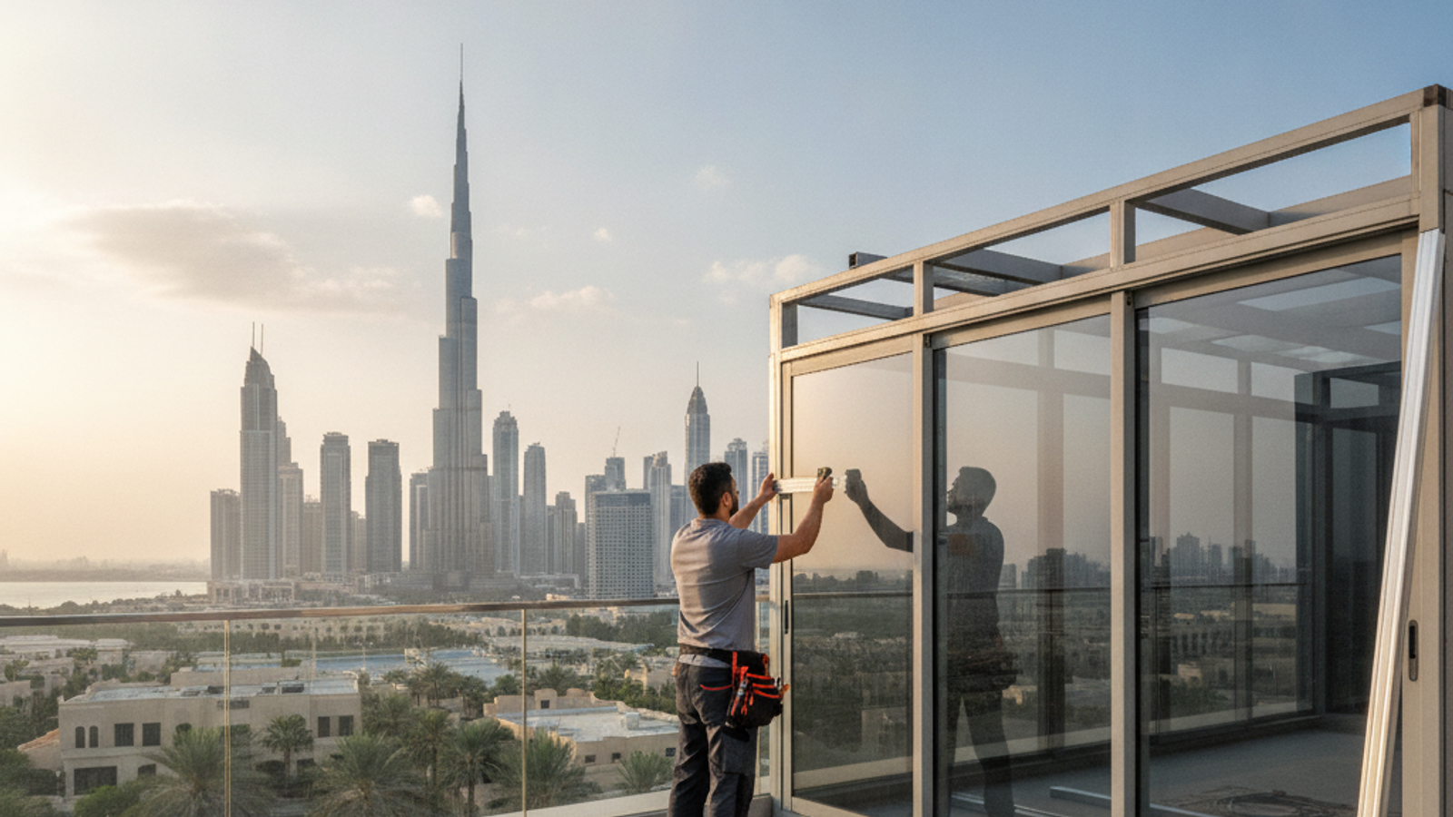 technician measuring glass terrace enclosure tracks in a Dubai apartment balcony