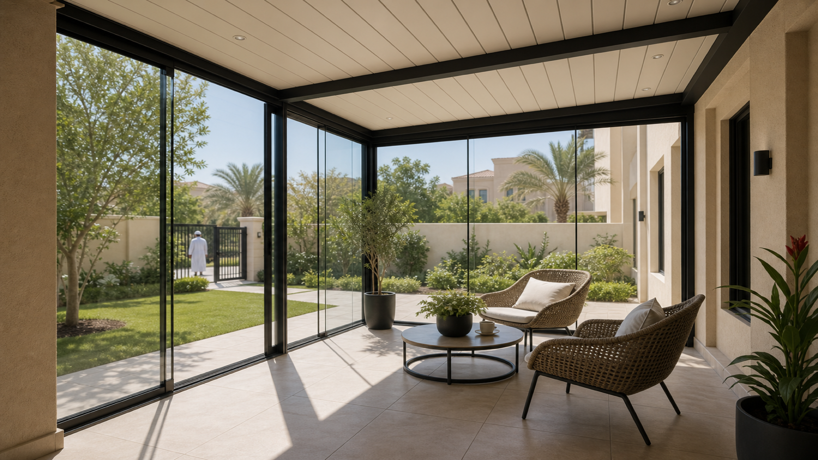 finished Dubai villa glass room with sliding glass panels, shaded ceiling and patio furniture