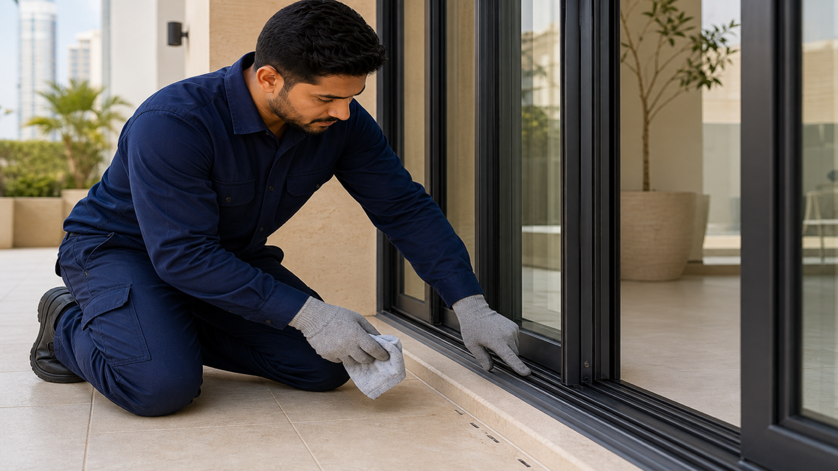 male installer checking the sliding glass door track and weather seal on a Dubai terrace enclosure