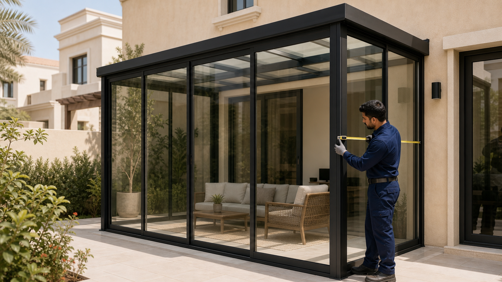 male installer measuring a completed black aluminium glass room enclosure on a Dubai villa terrace