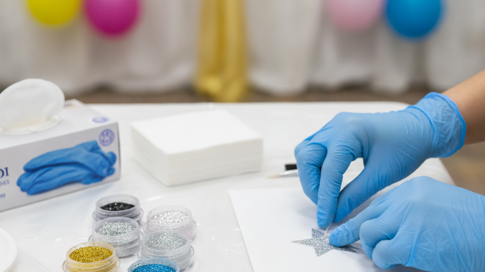 party artist preparing glitter tattoo stencils for a Dubai kids party
