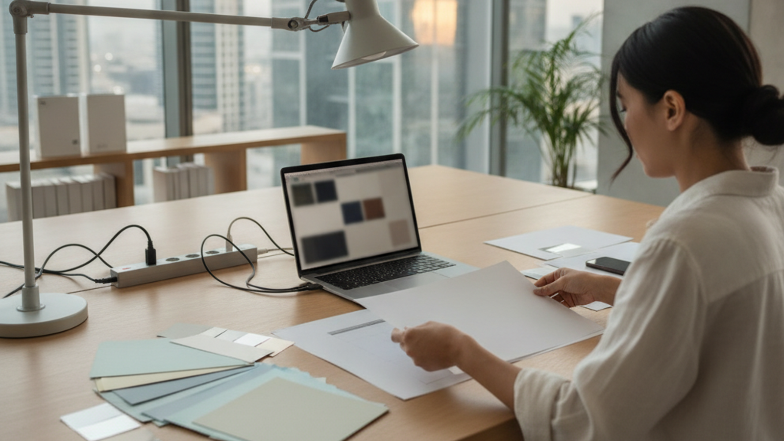 graphic designer arranging blank layout mockups and color swatches in a Dubai studio