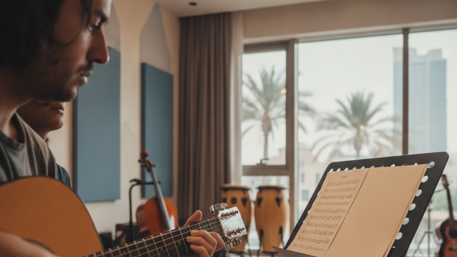 guitar teacher demonstrating finger placement for a Dubai lesson