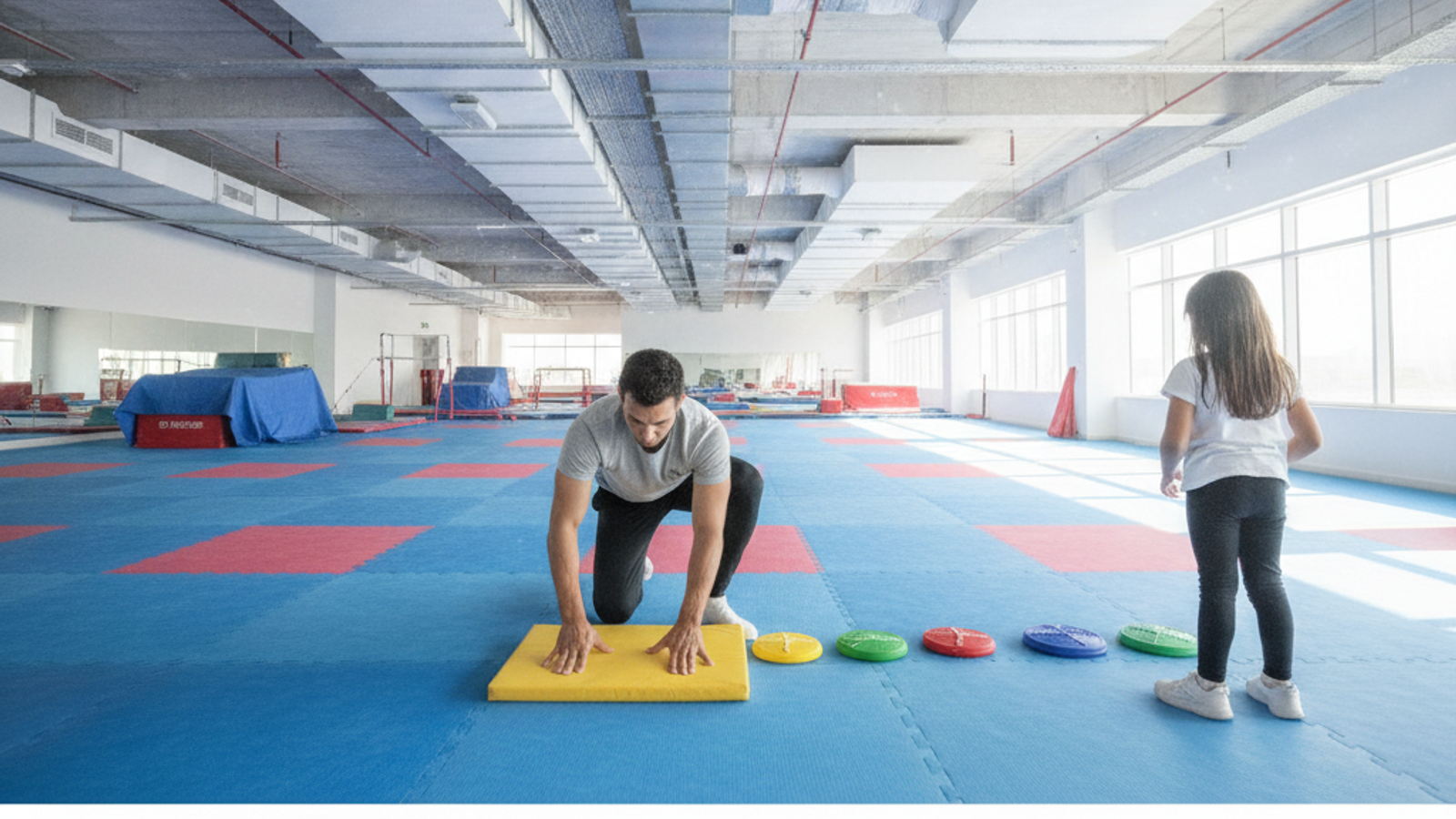 gymnastics coach preparing floor mat for a kids lesson in Dubai