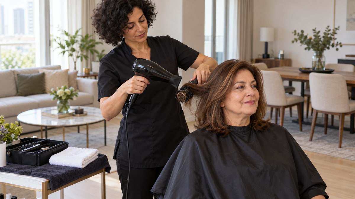 Hairstylist using a round brush and hairdryer on a seated client in a dry home work area