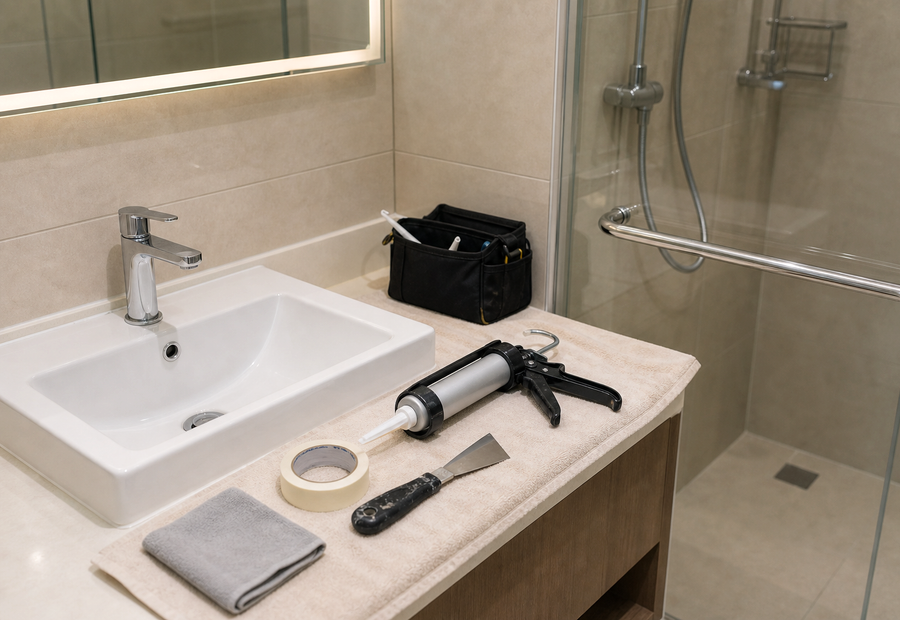 Dubai apartment bathroom silicone sealing handyman tools on a protected vanity