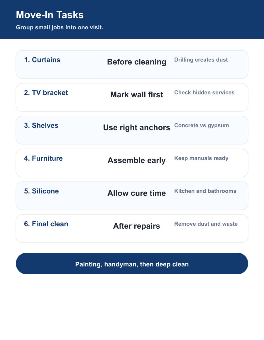 Dubai move in handyman checklist for curtains TV mounting shelves bathroom accessories furniture silicone and balcony hooks