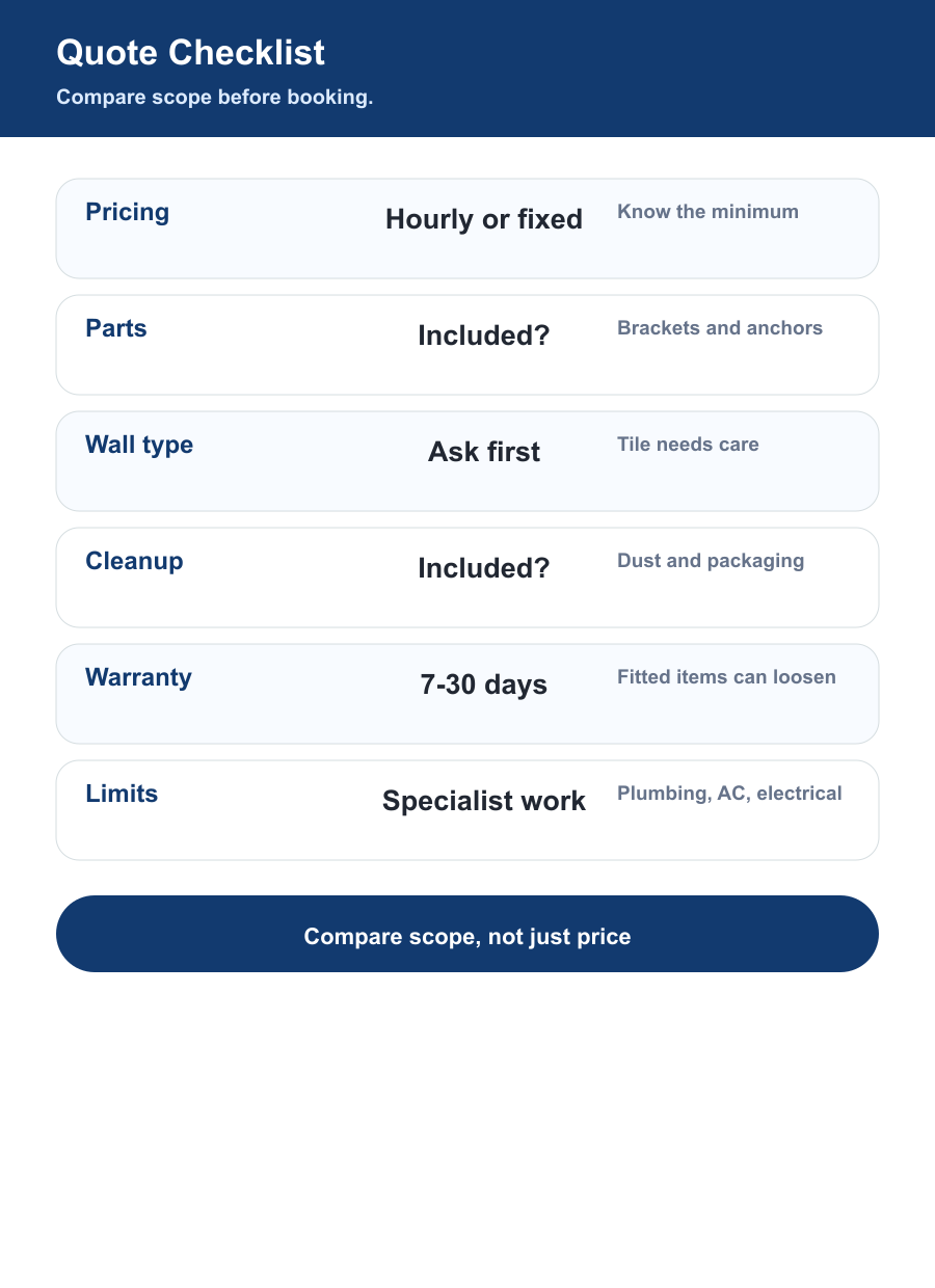 Handyman quote checklist Dubai for pricing model minimum charge parts wall type cleanup warranty and specialist limits